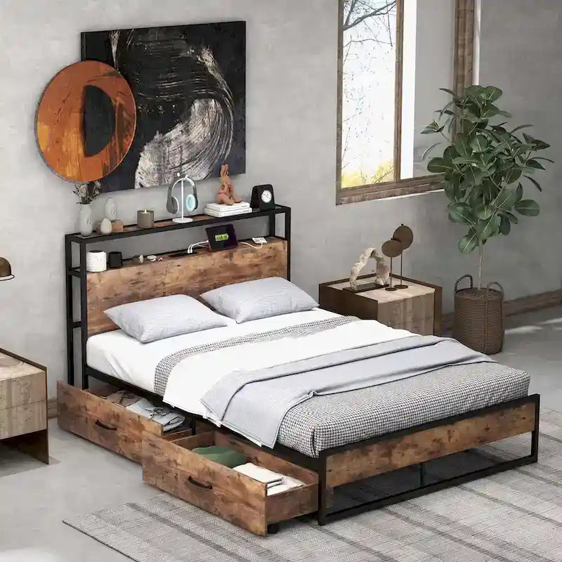 Lit plateforme, tête de lit avec rangement, 2 prises de courant, 2 ports USB, 2 tiroirs, lattes métalliques, style industriel, marron rustique, lit double / grand lit, 2 personnes