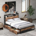 Lit plateforme, tête de lit avec rangement, 2 prises de courant, 2 ports USB, 2 tiroirs, lattes métalliques, style industriel, marron rustique, lit double / grand lit, 2 personnes