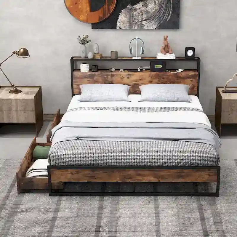 Lit plateforme, tête de lit avec rangement, 2 prises de courant, 2 ports USB, 2 tiroirs, lattes métalliques, style industriel, marron rustique, lit double / grand lit, 2 personnes