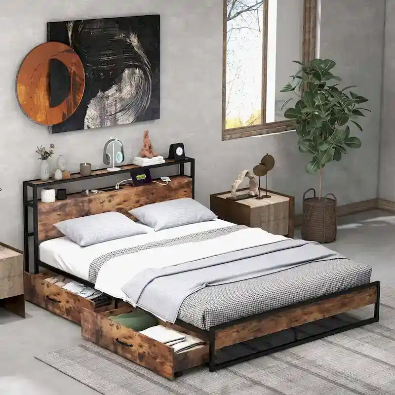 Lit plateforme, tête de lit avec rangement, 2 prises de courant, 2 ports USB, 2 tiroirs, lattes métalliques, style industriel, marron rustique, lit double / grand lit, 2 personnes