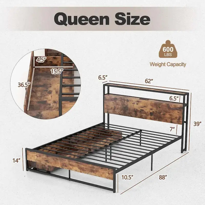 Lit plateforme, tête de lit avec rangement, 2 prises de courant, 2 ports USB, 2 tiroirs, lattes métalliques, style industriel, marron rustique, lit double / grand lit, 2 personnes