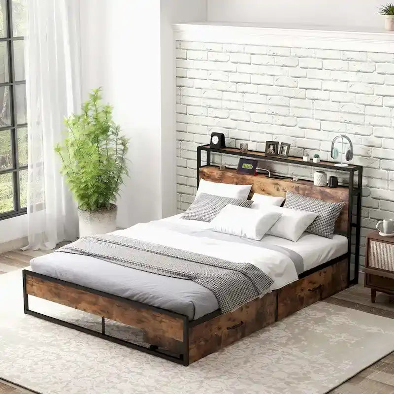 Lit plateforme, tête de lit avec rangement, 2 prises de courant, 2 ports USB, 2 tiroirs, lattes métalliques, style industriel, marron rustique, lit double / grand lit, 2 personnes