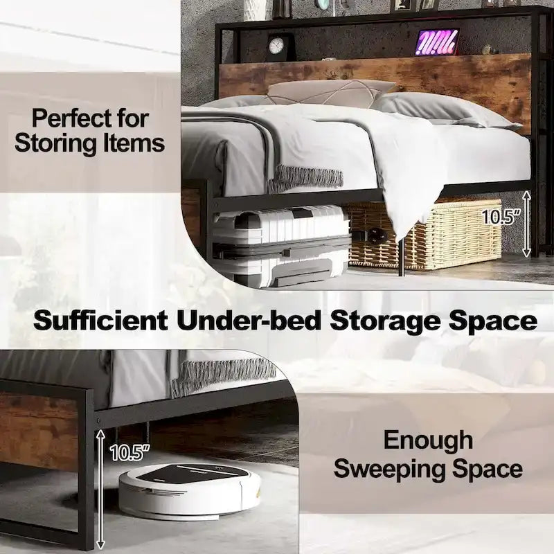 Lit plateforme, tête de lit avec rangement, 2 prises de courant, 2 ports USB, 2 tiroirs, lattes métalliques, style industriel, marron rustique, lit double / grand lit, 2 personnes