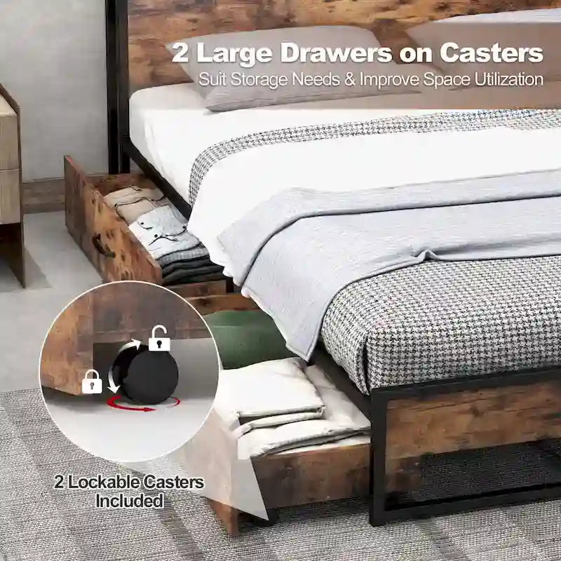 Lit plateforme, tête de lit avec rangement, 2 prises de courant, 2 ports USB, 2 tiroirs, lattes métalliques, style industriel, marron rustique, lit double / grand lit, 2 personnes