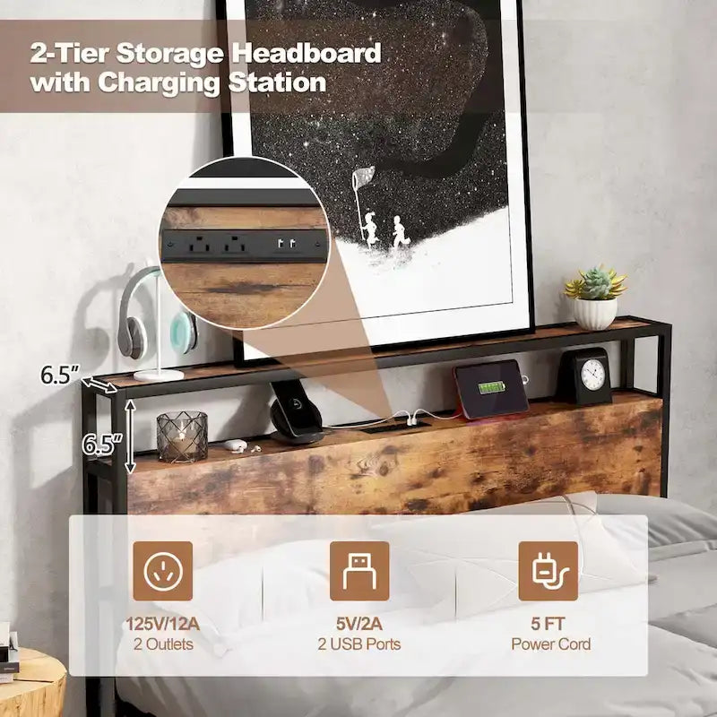 Lit plateforme, tête de lit avec rangement, 2 prises de courant, 2 ports USB, 2 tiroirs, lattes métalliques, style industriel, marron rustique, lit double / grand lit, 2 personnes