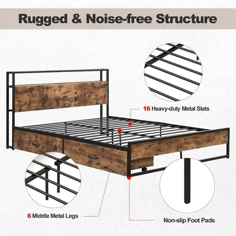 Lit plateforme, tête de lit avec rangement, 2 prises de courant, 2 ports USB, 2 tiroirs, lattes métalliques, style industriel, marron rustique, lit double / grand lit, 2 personnes