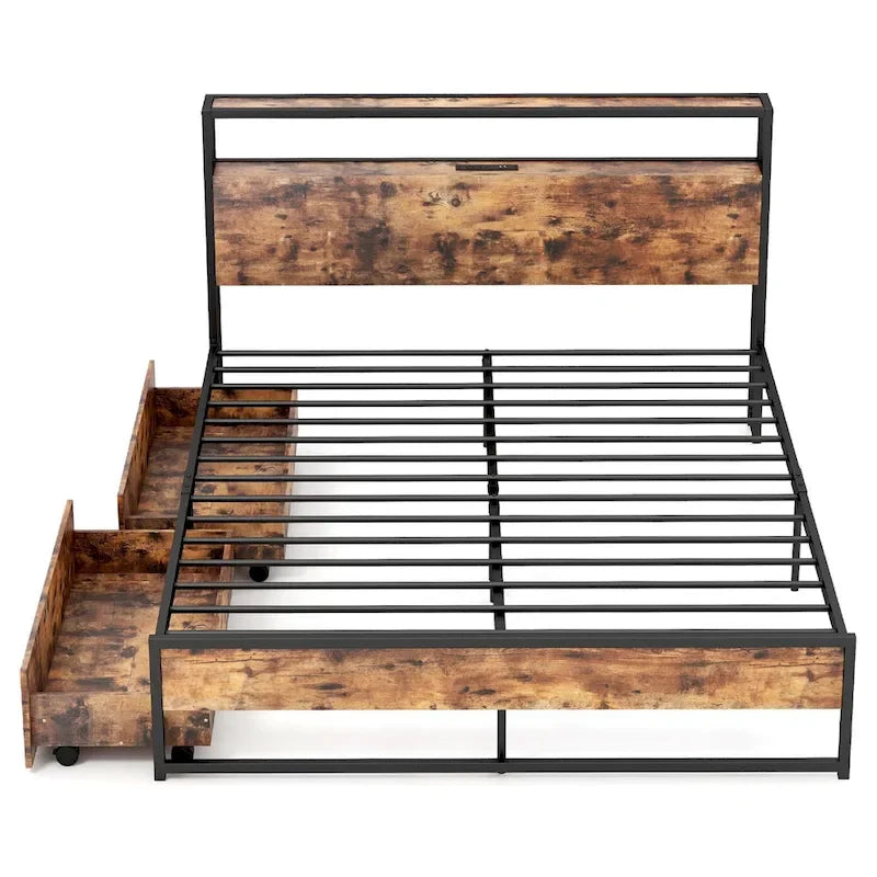 Lit plateforme, tête de lit avec rangement, 2 prises de courant, 2 ports USB, 2 tiroirs, lattes métalliques, style industriel, marron rustique, lit double / grand lit, 2 personnes