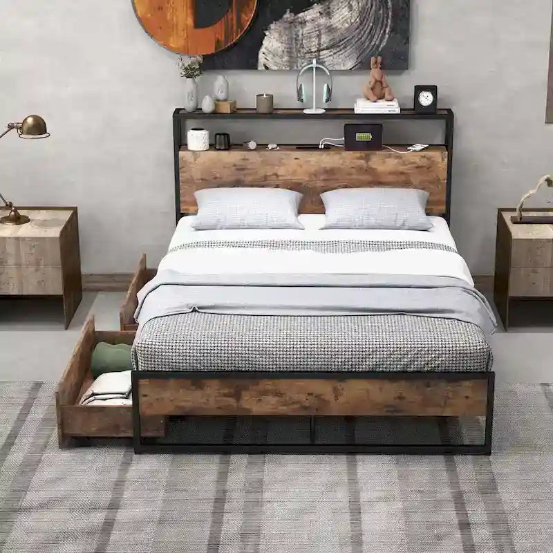 Lit plateforme, tête de lit avec rangement, 2 prises de courant, 2 ports USB, 2 tiroirs, lattes métalliques, style industriel, marron rustique, lit double / grand lit, 2 personnes