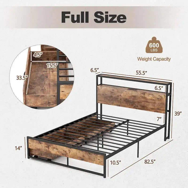 Lit plateforme, tête de lit avec rangement, 2 prises de courant, 2 ports USB, 2 tiroirs, lattes métalliques, style industriel, marron rustique, lit double / grand lit, 2 personnes