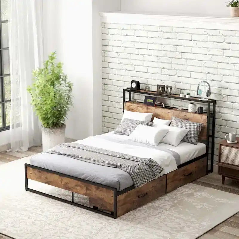 Lit plateforme, tête de lit avec rangement, 2 prises de courant, 2 ports USB, 2 tiroirs, lattes métalliques, style industriel, marron rustique, lit double / grand lit, 2 personnes
