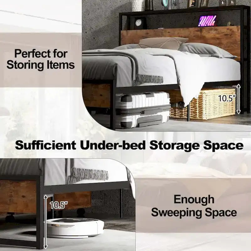 Lit plateforme, tête de lit avec rangement, 2 prises de courant, 2 ports USB, 2 tiroirs, lattes métalliques, style industriel, marron rustique, lit double / grand lit, 2 personnes