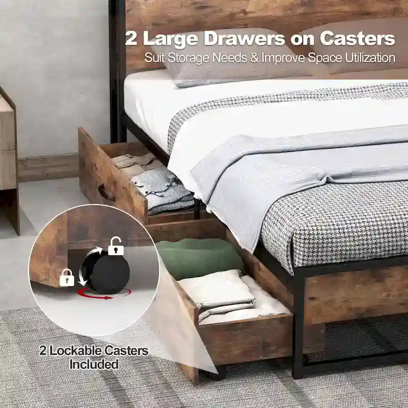 Lit plateforme, tête de lit avec rangement, 2 prises de courant, 2 ports USB, 2 tiroirs, lattes métalliques, style industriel, marron rustique, lit double / grand lit, 2 personnes