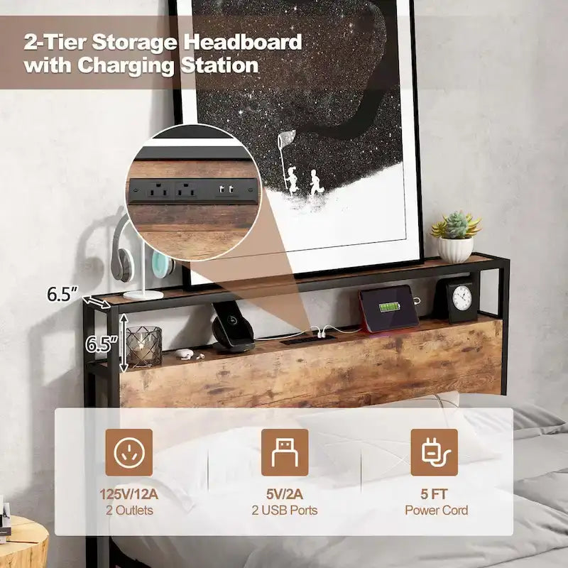 Lit plateforme, tête de lit avec rangement, 2 prises de courant, 2 ports USB, 2 tiroirs, lattes métalliques, style industriel, marron rustique, lit double / grand lit, 2 personnes