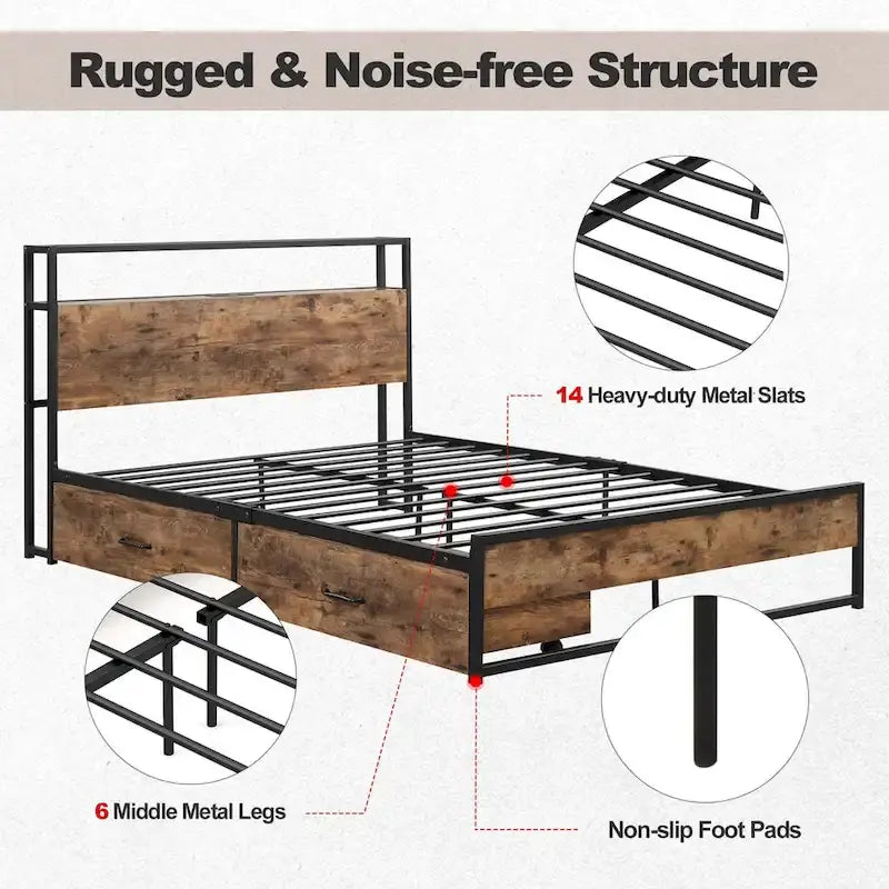 Lit plateforme, tête de lit avec rangement, 2 prises de courant, 2 ports USB, 2 tiroirs, lattes métalliques, style industriel, marron rustique, lit double / grand lit, 2 personnes