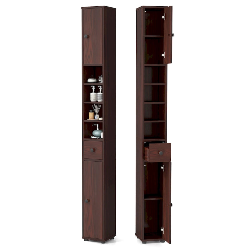 Armoire de rangement haute et étroite, 5 étagères ouvertes, 1 tiroir, 2 placards fermés, colonne de salle de bain, style moderne, marron / gris / noir, 1 unité
