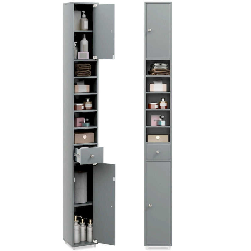 Armoire de rangement haute et étroite, 5 étagères ouvertes, 1 tiroir, 2 placards fermés, colonne de salle de bain, style moderne, marron / gris / noir, 1 unité