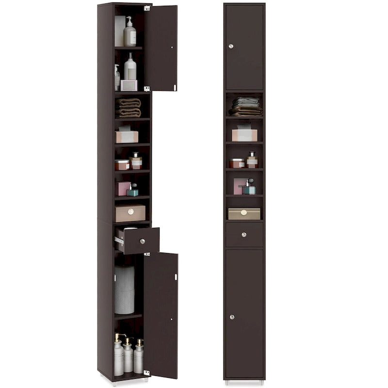 Armoire de rangement haute et étroite, 5 étagères ouvertes, 1 tiroir, 2 placards fermés, colonne de salle de bain, style moderne, marron / gris / noir, 1 unité
