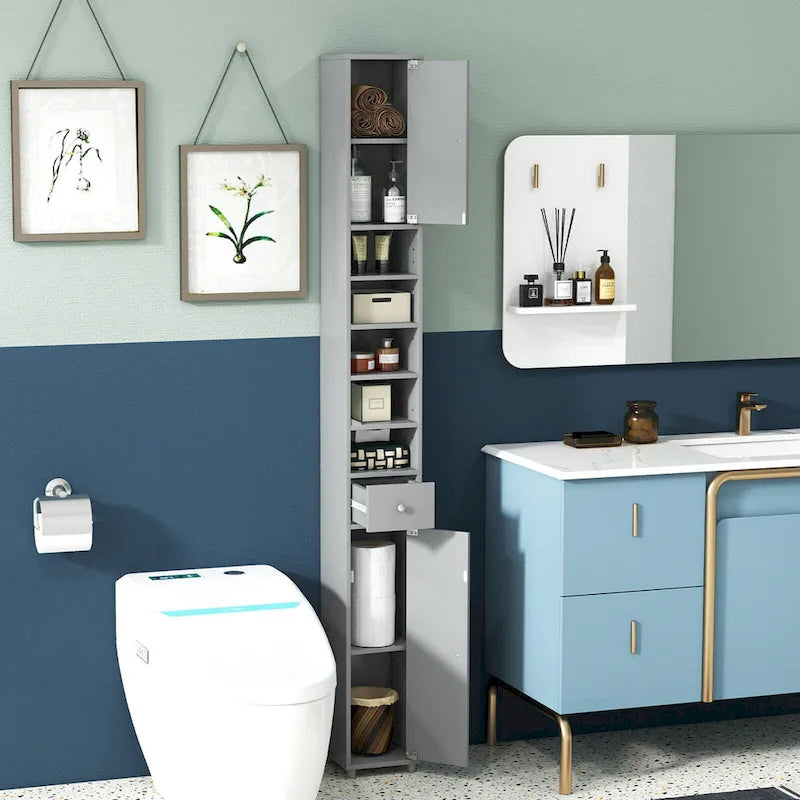Armoire de rangement haute et étroite, 5 étagères ouvertes, 1 tiroir, 2 placards fermés, colonne de salle de bain, style moderne, marron / gris / noir, 1 unité