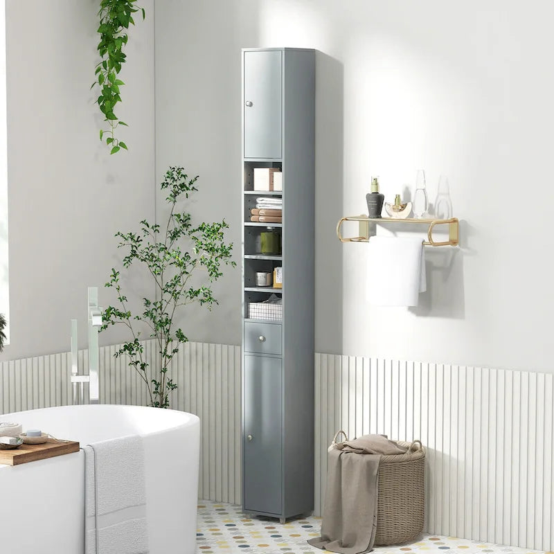 Armoire de rangement haute et étroite, 5 étagères ouvertes, 1 tiroir, 2 placards fermés, colonne de salle de bain, style moderne, marron / gris / noir, 1 unité