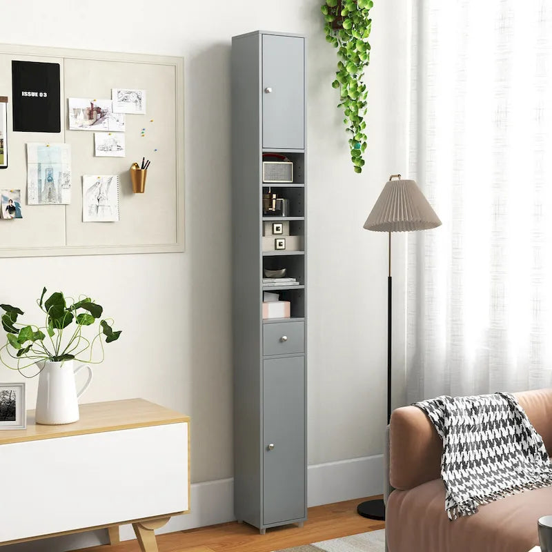 Armoire de rangement haute et étroite, 5 étagères ouvertes, 1 tiroir, 2 placards fermés, colonne de salle de bain, style moderne, marron / gris / noir, 1 unité