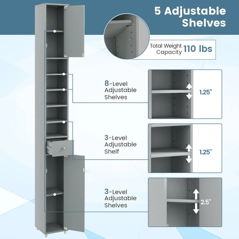 Armoire de rangement haute et étroite, 5 étagères ouvertes, 1 tiroir, 2 placards fermés, colonne de salle de bain, style moderne, marron / gris / noir, 1 unité
