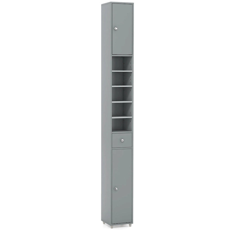 Armoire de rangement haute et étroite, 5 étagères ouvertes, 1 tiroir, 2 placards fermés, colonne de salle de bain, style moderne, marron / gris / noir, 1 unité