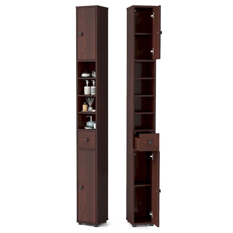 Armoire de rangement haute et étroite, 5 étagères ouvertes, 1 tiroir, 2 placards fermés, colonne de salle de bain, style moderne, marron / gris / noir, 1 unité