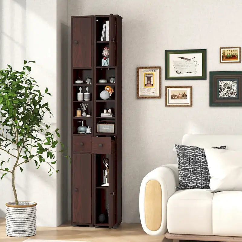Armoire de rangement haute et étroite, 5 étagères ouvertes, 1 tiroir, 2 placards fermés, colonne de salle de bain, style moderne, marron / gris / noir, 1 unité