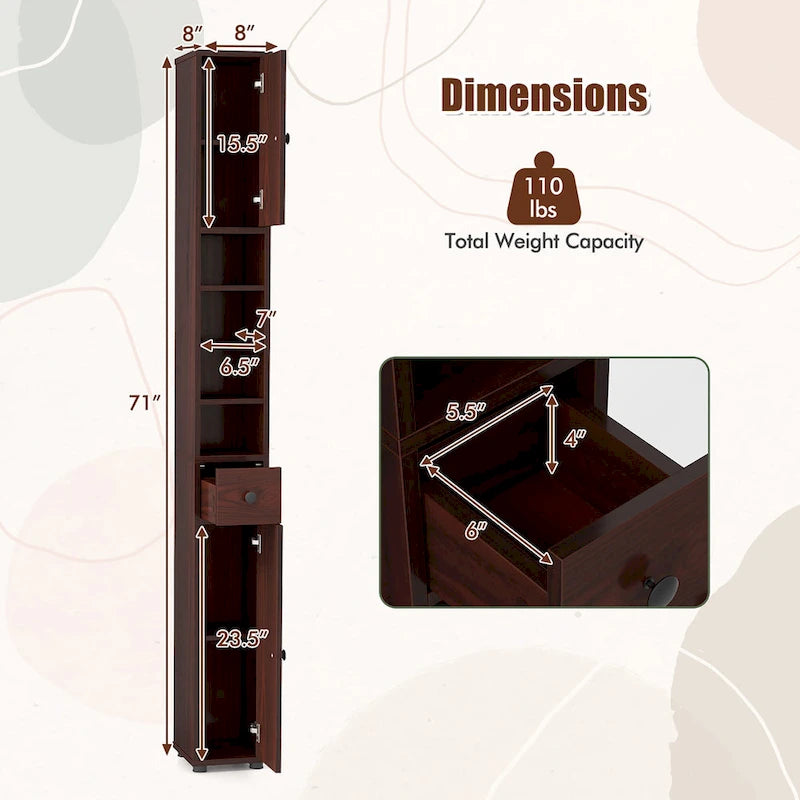 Armoire de rangement haute et étroite, 5 étagères ouvertes, 1 tiroir, 2 placards fermés, colonne de salle de bain, style moderne, marron / gris / noir, 1 unité