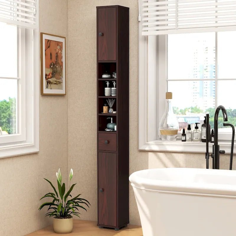 Armoire de rangement haute et étroite, 5 étagères ouvertes, 1 tiroir, 2 placards fermés, colonne de salle de bain, style moderne, marron / gris / noir, 1 unité