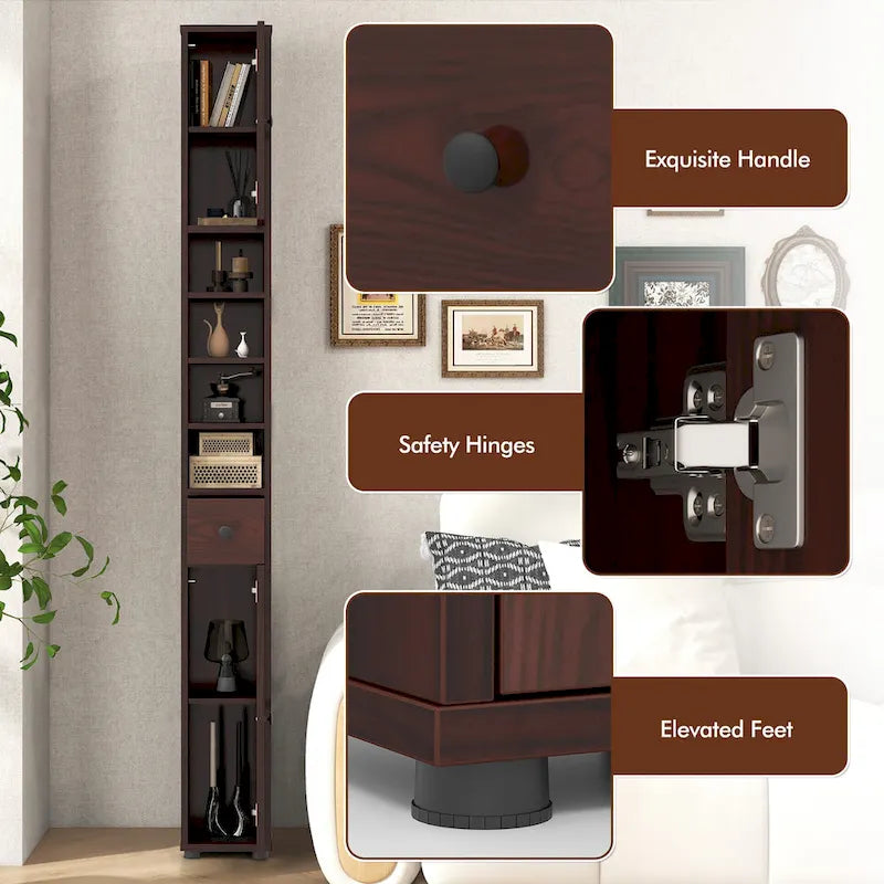 Armoire de rangement haute et étroite, 5 étagères ouvertes, 1 tiroir, 2 placards fermés, colonne de salle de bain, style moderne, marron / gris / noir, 1 unité