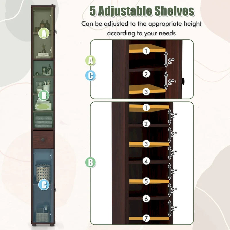 Armoire de rangement haute et étroite, 5 étagères ouvertes, 1 tiroir, 2 placards fermés, colonne de salle de bain, style moderne, marron / gris / noir, 1 unité