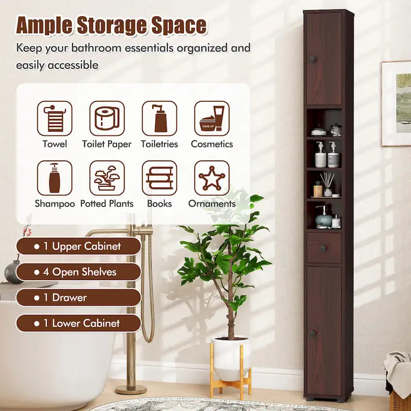 Armoire de rangement haute et étroite, 5 étagères ouvertes, 1 tiroir, 2 placards fermés, colonne de salle de bain, style moderne, marron / gris / noir, 1 unité
