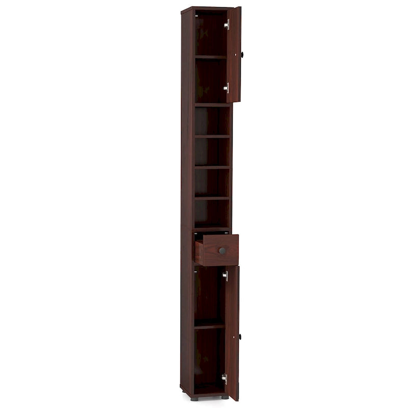 Armoire de rangement haute et étroite, 5 étagères ouvertes, 1 tiroir, 2 placards fermés, colonne de salle de bain, style moderne, marron / gris / noir, 1 unité
