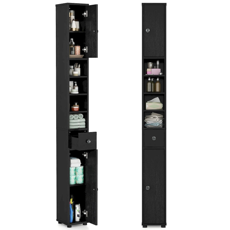 Armoire de rangement haute et étroite, 5 étagères ouvertes, 1 tiroir, 2 placards fermés, colonne de salle de bain, style moderne, marron / gris / noir, 1 unité
