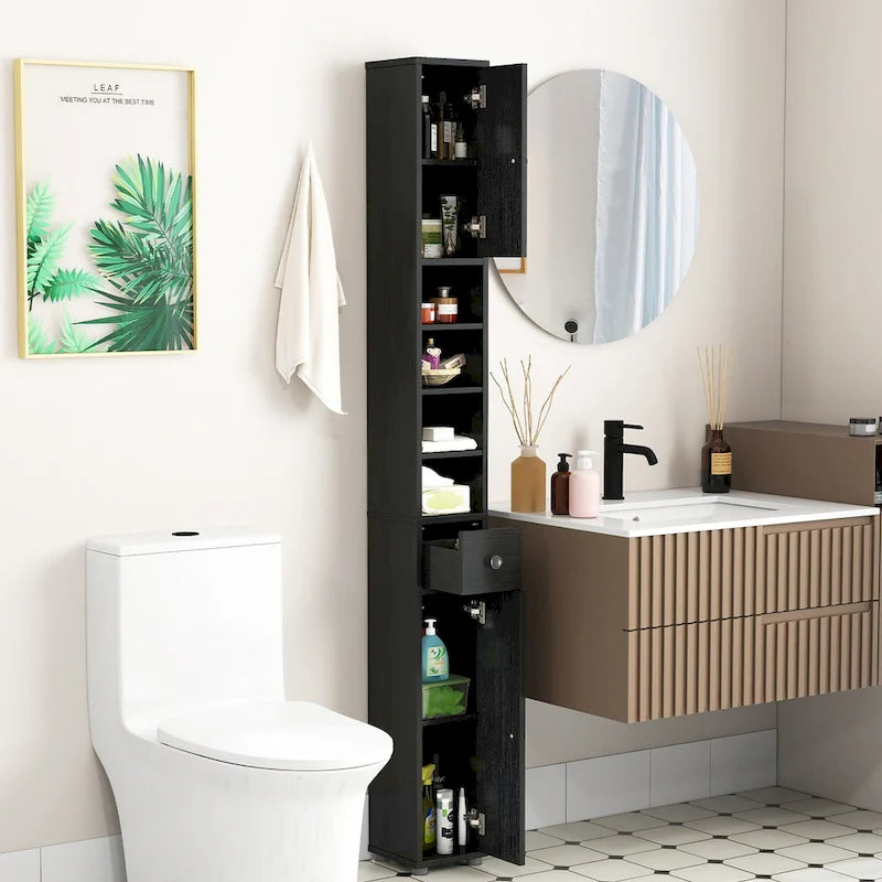 Armoire de rangement haute et étroite, 5 étagères ouvertes, 1 tiroir, 2 placards fermés, colonne de salle de bain, style moderne, marron / gris / noir, 1 unité