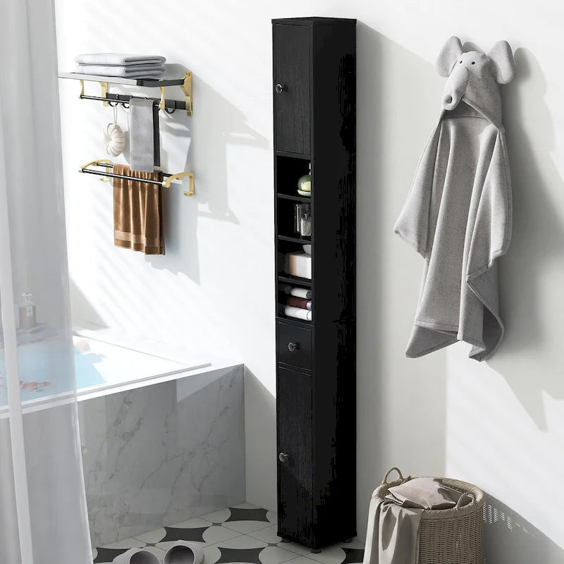 Armoire de rangement haute et étroite, 5 étagères ouvertes, 1 tiroir, 2 placards fermés, colonne de salle de bain, style moderne, marron / gris / noir, 1 unité