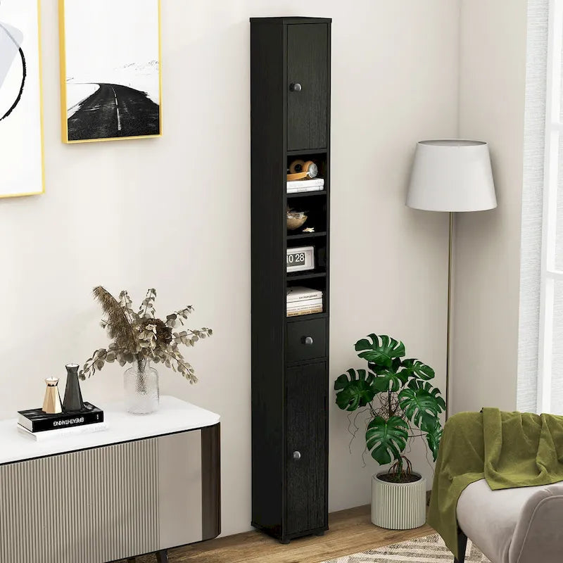 Armoire de rangement haute et étroite, 5 étagères ouvertes, 1 tiroir, 2 placards fermés, colonne de salle de bain, style moderne, marron / gris / noir, 1 unité