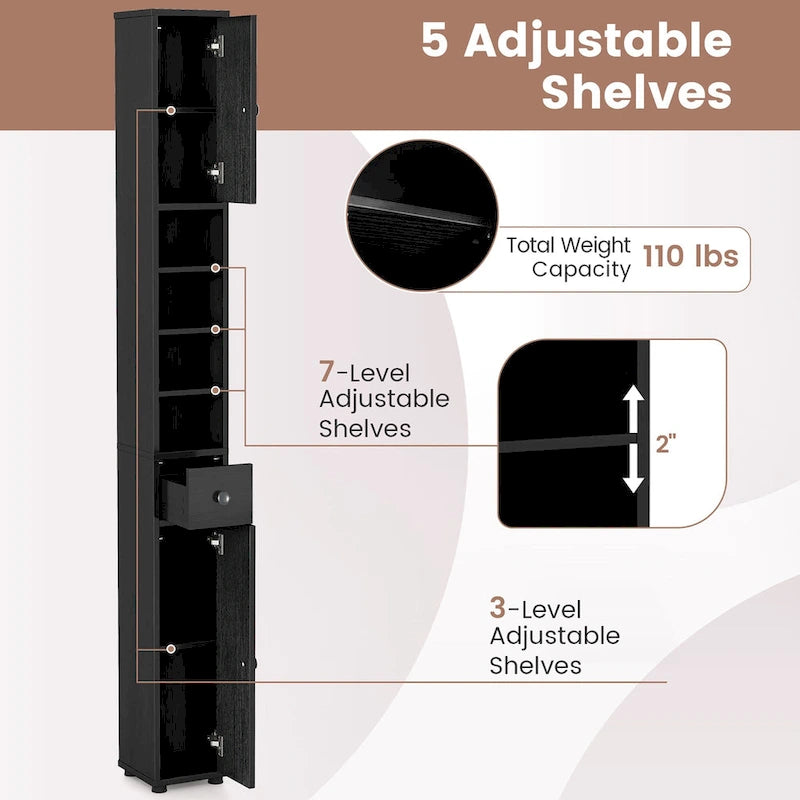 Armoire de rangement haute et étroite, 5 étagères ouvertes, 1 tiroir, 2 placards fermés, colonne de salle de bain, style moderne, marron / gris / noir, 1 unité
