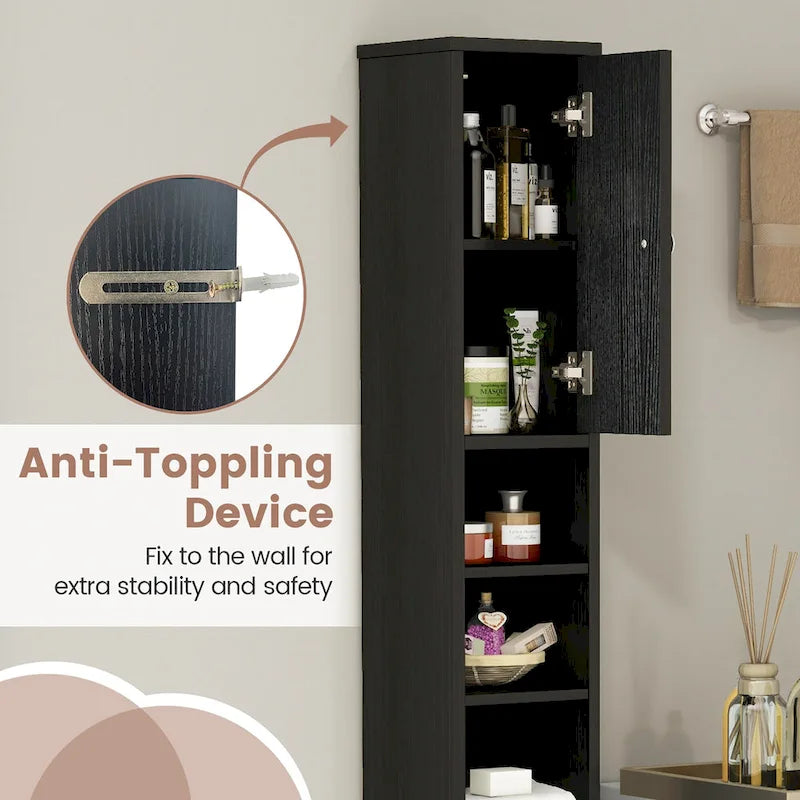 Armoire de rangement haute et étroite, 5 étagères ouvertes, 1 tiroir, 2 placards fermés, colonne de salle de bain, style moderne, marron / gris / noir, 1 unité