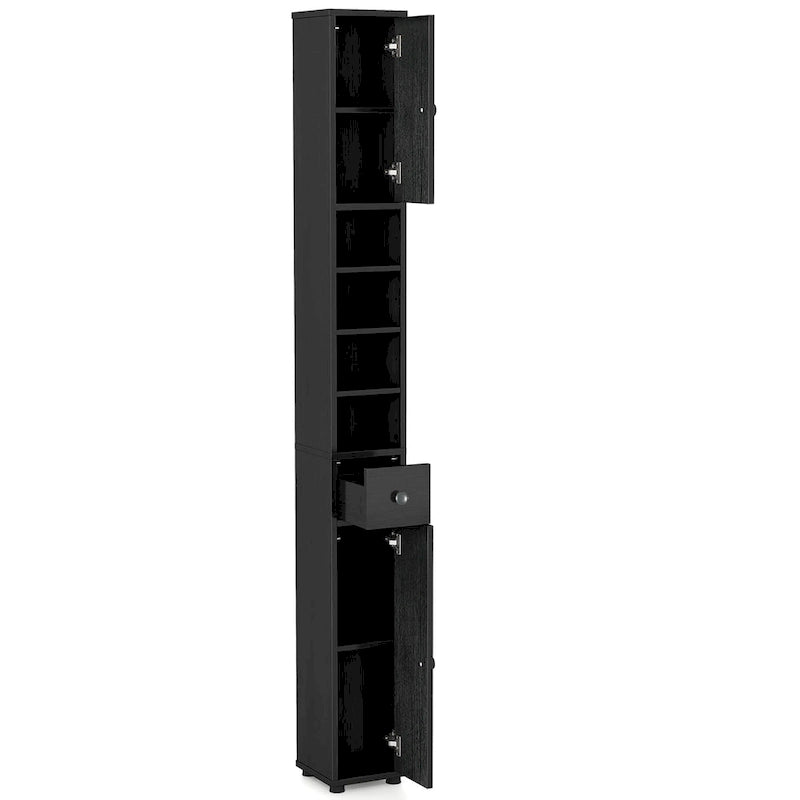 Armoire de rangement haute et étroite, 5 étagères ouvertes, 1 tiroir, 2 placards fermés, colonne de salle de bain, style moderne, marron / gris / noir, 1 unité