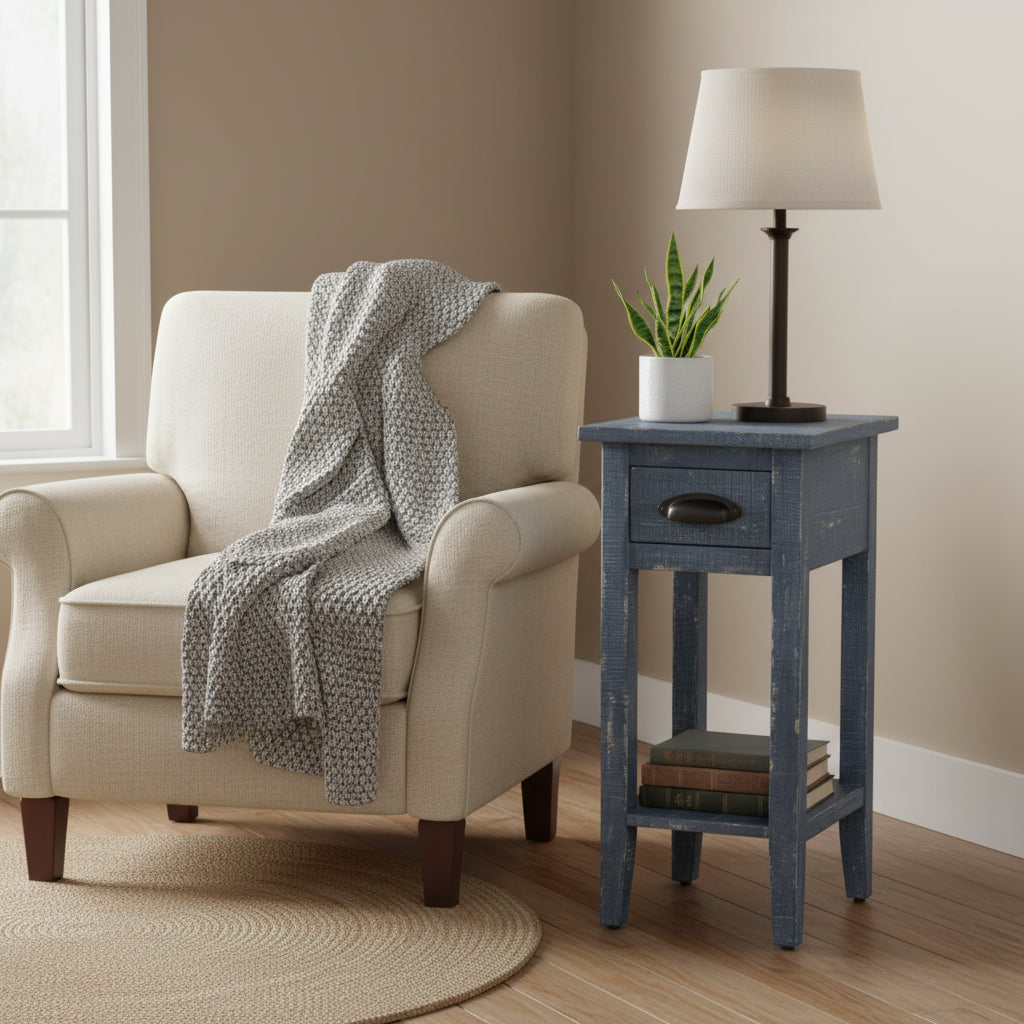 Rena Chairside Table with Drawer and Shelf, 14 Inch Blue Mahogany Wood