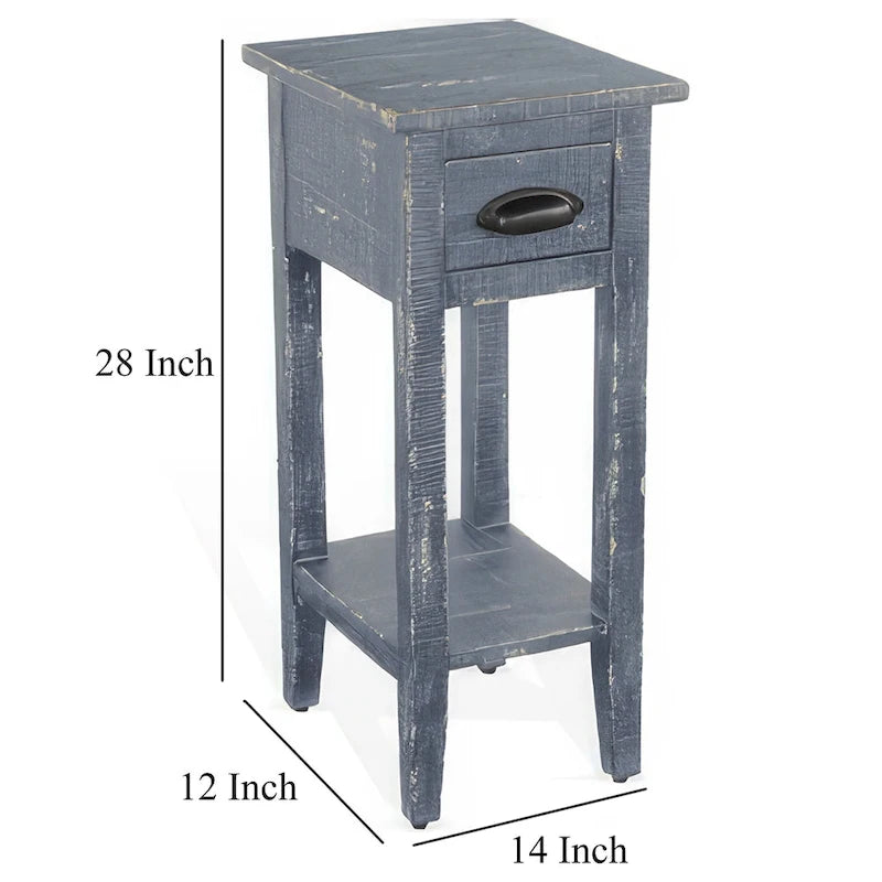 Table d'appoint de chevet, 1 tiroir, étagère inférieure, bois d'acajou, bleu/noir, 1 unité