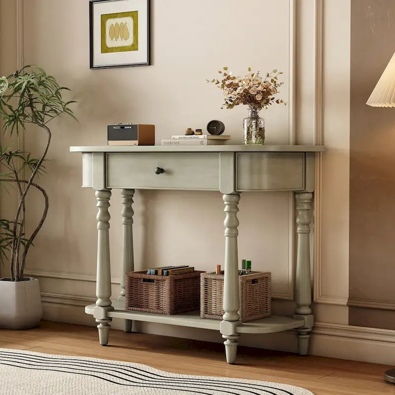 Console étroite, pieds fuseau, 1 tiroir, étagère ouverte, coins arrondis, gris, 1 unité