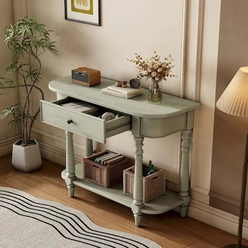 Console étroite, pieds fuseau, 1 tiroir, étagère ouverte, coins arrondis, gris, 1 unité