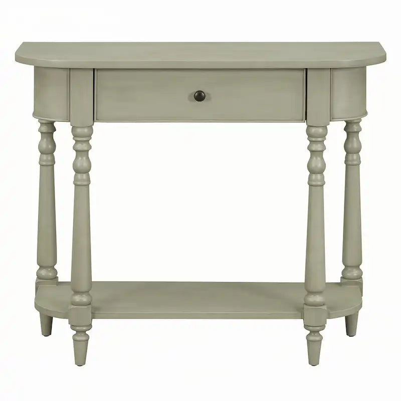 Console étroite, pieds fuseau, 1 tiroir, étagère ouverte, coins arrondis, gris, 1 unité