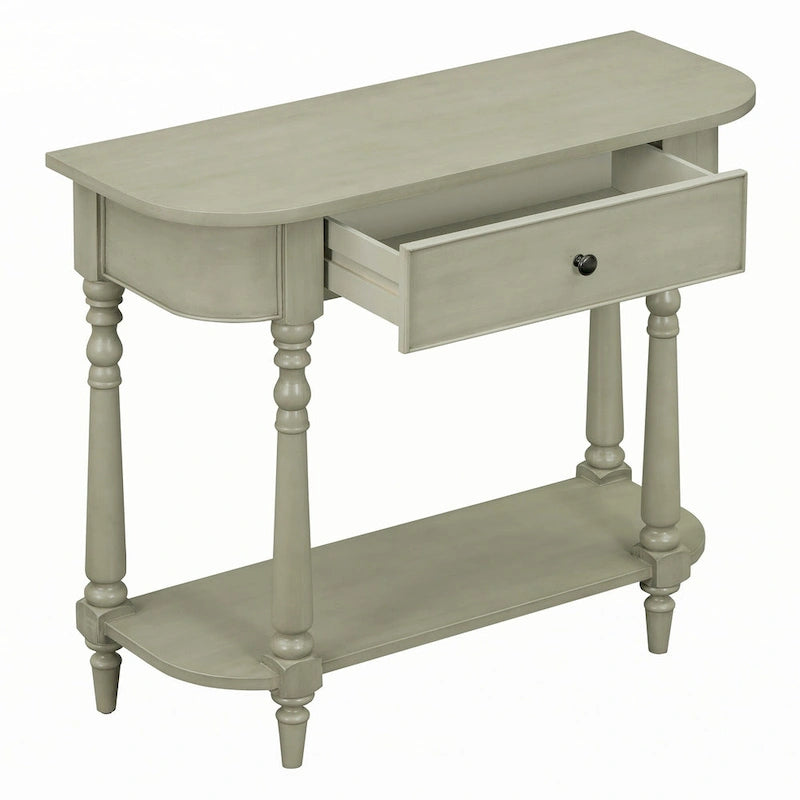 Console étroite, pieds fuseau, 1 tiroir, étagère ouverte, coins arrondis, gris, 1 unité