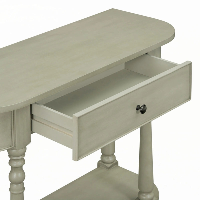 Console étroite, pieds fuseau, 1 tiroir, étagère ouverte, coins arrondis, gris, 1 unité