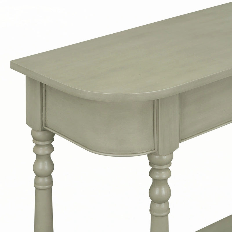 Console étroite, pieds fuseau, 1 tiroir, étagère ouverte, coins arrondis, gris, 1 unité