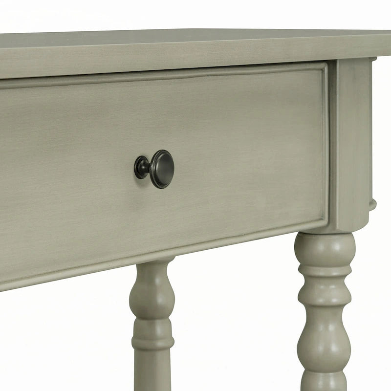 Console étroite, pieds fuseau, 1 tiroir, étagère ouverte, coins arrondis, gris, 1 unité